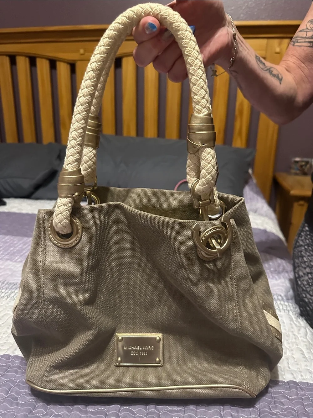 Michael Kors Taupe Canvas Shoulder Tote with Braided Cream Handles
